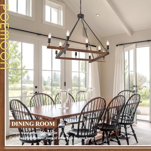 Rustic L53'' Wooden Square Chandelier 10-Light Farmhouse Unique Rectangular Candle Chandelier with White Light Socket for Living Dining Room Foyer Kitchen Bedroom High Ceiling, E12 - color: Walnut, size: 53 inches