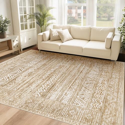6x9 Area Rugs for Living Room: Washable Moroccan Geometric Boho Rug Farmhouse Non Slip Stain Resistant Large Rug Low Pile Soft Carpet for Bedroom Dining Room Home Office Kids Room (Light Brown,6'x9') - color: Light Brown, size: 6' x 9' (Rectangular)