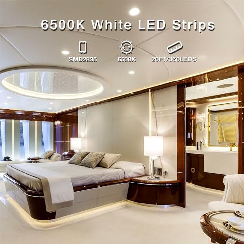 DAYBETTER White LED Strip Light, 20 ft Dimmable Bright Rope Lighting, 6500K 24V Strips, 360 LEDs 2835 Tape Lights for Bedroom, Kitchen, Mirror, Home Decoration(1 Roll) - color: Daylight White, size: 20FT