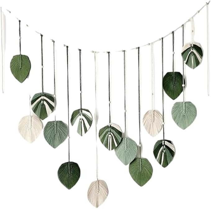 M MANUAL Macrame Leaves Wall Hanging 47.3x29.5Inch Large Chic Feather Boho Macrame Wall Decor Leaf Hanging Photo Display Handmade Woven Wall Art 16pcs Leaf Tapestry - Green