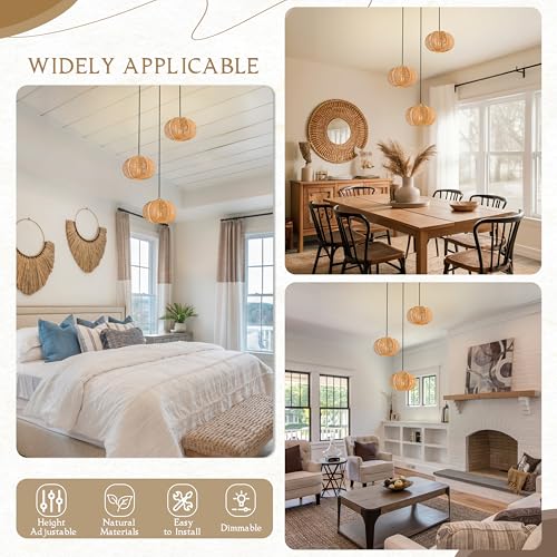 12" Boho Natural 3-Light Boho Chandeliers for Kitchen Island Hand-Woven Boho Rattan Chandeliers Dimmable Adjustable Hanging Chandelier for Dining Room Living Room Hallyway（Bulb Incl. - color: 11.8" Natural 3-Light