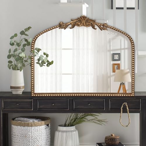 ironsmithn Gold Arched Mirror, 30"x36" Ornate Beaded Frame Mirrors, Metal Decorative Accent Mirror for Fireplace Bedroom Bathroom Living Room Entryway - size: 30"L x 36"W