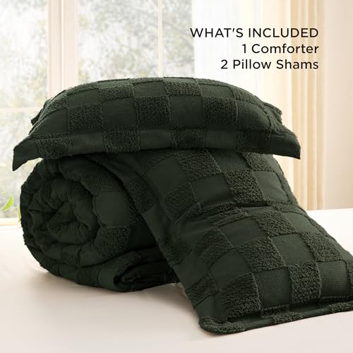 Bedsure Dark Olive Green Queen Size Comforter Set, Boho Tufted Bed Set, Checkered Farmhouse-Style Distressed Vintage Bedding, 3 Pieces, 1 Plaid Geometric Comforter and 2 Pillow Shams - color: 02 - Dark Olive Green - Tufted Checkboard, size: Queen