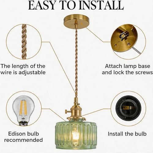 Green Striped Glass Pendant Light, 2 Natural Light Bulbs Included, Adjustable Cord with Switch, Suitable for Kitchen Island/Dining Room - color: Green 2pcs Ribbed Glass Pendant Light