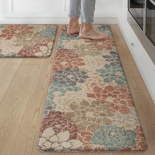 GENIMO Kitchen Mats for Floor, Kitchen Rugs Non Slip Washable Sets of 2, Waterproof Cushioned Anti Fatigue Mat, Floral Runner Rug for Laundry, Sink, Office, Home, 17.3"x59"+17.3"x30", Red - color: Red, size: 17.3"x59"+17.3"x30"