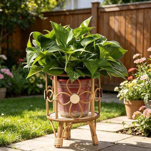 Boho Rattan Plant Stand Indoor Outdoor Floor Wooden Wicker Planter Shelf Baskets with Legs Rustic Farmhouse Rack Flower Pot Holder Vintage Home Decor for Flower Pot Living Room Balcony Display