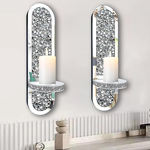 ZOLAPI Set of 2 Crystal Crush Diamond Candle Sconces, Gorgeous Silver Mirrored Wall Sconce,Oval Candle Holder Glass Wall Decorations for Home Décor, Living Room, Dining Room. - color: Silver Mirror ②