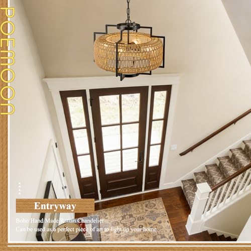 20" Boho Woven Chandeliers 4-Light Hand Rattan Ceiling Pendant Light Fixture Farmhouse Hanging Lighting for Kitchen,Bedroom, Dining Room, Hallway, Entryway, E26 - size: Lantern-20''-V