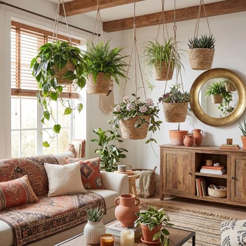 6 Pcs Seagrass Hanging Planter Basket Hand Woven Plant Basket with Plastic Liners Hanging Plant Holder Storage Containers with Cotton Rope for Indoor Garden Decor (Medium,Brown) - color: Brown, size: Medium