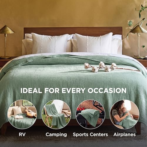 Bedsure 100% Cotton Muslin Blanket Queen Size for Bed - 4-Layer Breathable and Lightweight Thin Soft Summer Gauze Muslin Blankets for Adults, Sage Green, 90x90 Inches - color: 03 - Sage Green, size: Queen (90" X 90")