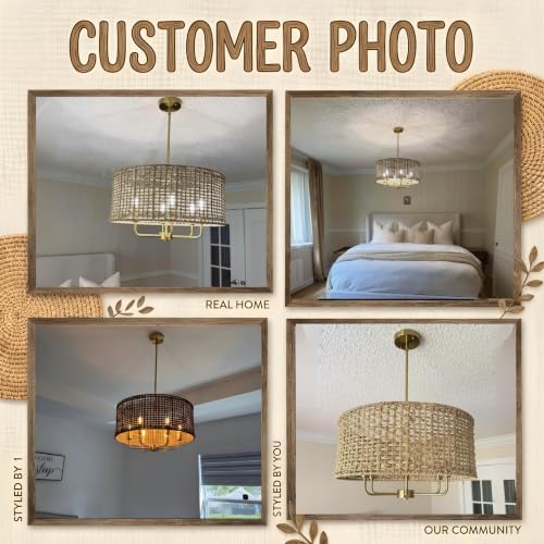 6-Light Rattan Chandelier for Dining Room, Boho Chandelier, Coastal Hand Woven Pendant Light Fixture for Kitchen Island Entryway Foyer Living Room Bedroom UL Listed Gold - color: Gold, size: 21.65"