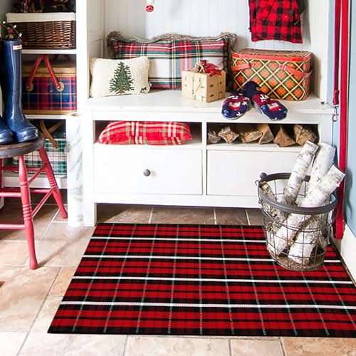 Buffalo Plaid Outdoor Rug Christmas Door Mat Christmas Decor Welcome Rug Cotton Hand-Woven Layered Door Mats for Front Porch, Kitchen, Farmhouse, Entryway (27.5"x43", Red/Black/White) - color: Red/Black/White Plaid, size: 2'4" x 3'7" (Rectangular)