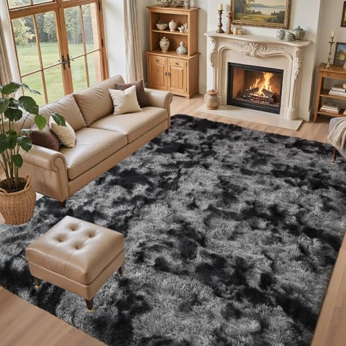 5x8 Black Grey Rugs for Living Room Fluffy Area Rug, Super Fuzzy Fur Bedroom Carpet for Boys Dorm Office Nursery Modern Home Decor - color: A-tie-dye Darkgrey, size: 5' X 8' (Rectangular)