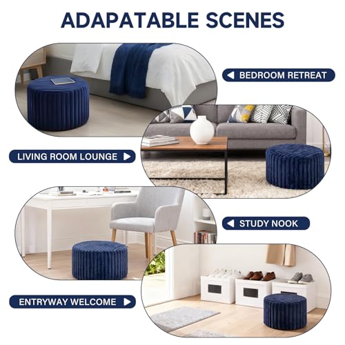 Tiita Round Stuffed Pouf Ottoman, Stripe Faux Fur Poufs with Foam Chunk Filling, Furry and Fluffy Pouf 21×21×12 inch Foot Stool Storage Ottoman,Puff Office Foot Rest for Couch Living Room, Navy Blue - color: Striped Round Navy Blue