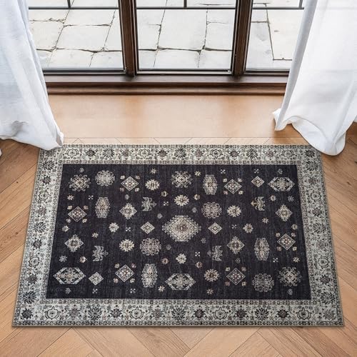 Bloom Rugs Washable Non-Slip 2' x 3' Rug - Black/Ivory Traditional Oriental Area Rug for Living Room, Bedroom, Dining Room, and Kitchen - Exact Size: 2' x 3' - color: Black / Ivory, size: 2' x 3' (Rectangular)