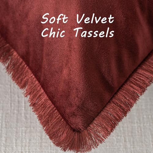 FUTEI Burgundy Velvet Decorative Throw Pillow Covers 12x20 Set of 2,Soft Cozy Edge with Tassels Lumbar Pillow Cases,Boho Modern Home Decor for Couch Bed Living Room - color: Burgundy, size: 20" x 12" (Pack of 2)