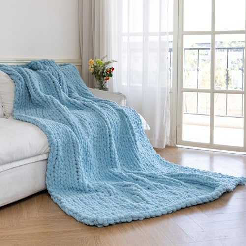 Chunky Knit Blanket - Luxury Soft Cozy 50 * 60 Throw Blanket,100% Woven Blanket Rope Knot Throw Blanket for Couch, Sofa, Home Decor, Gift - Machine Washable（Light Blue） - color: Light Blue, size: 50*60