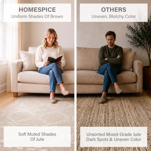 Homespice Dune Jute Runner Rug 2x6' - Cotton Backed Premium Handmade Geometric Runner Rug for Kitchen and Hallway, Medium Soft, Lays Flat, Won't Fray or Shed, Warm Brown with White Accents - color: Dune, size: 2' x 6' (Rectangular)