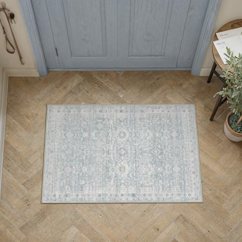 2x3 Blue Washable Neutral Area Rug for Living Room Distressed Floral Non Slip Thin Throw Rug Indoor Vintage Stain Resistant Distressed Doormat Entrance Dinning Laundry Room Kitchen Bathroom - color: Accent | Blue, size: 2'x3'