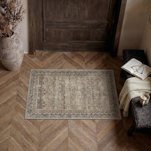 HUGEAR 2x3 Entryway Area Rugs Retro Brown Small Washable Rug Vintage Boho No Shedding Soft Durable Low Pile Carpet Non Slip Indoor Bedroom Dining Room Kitchen Home Decor Floor Mat - color: Taupe Brown, size: 2' x 3' (Rectangular)