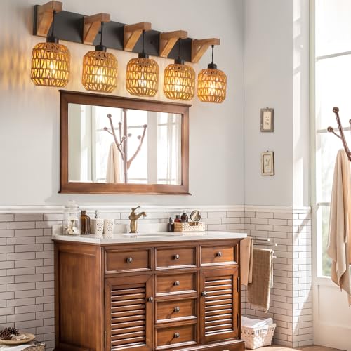5-Light Bathroom Vanity Light Fixtures, Rustic Style Rattan Vanity Lights with Handmade Bamboo Woven Boho Wicker Lampshade, Farmhouse Wooden Bracket, Suit for Stairway Bedroom and Hallway - color: 5-Light