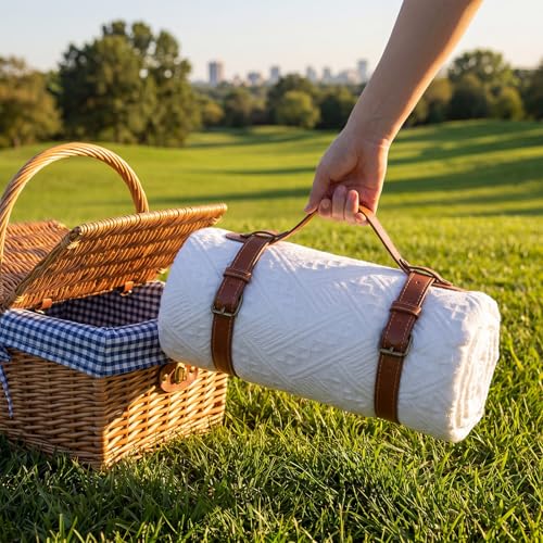 Frienda 70 x 102 Inch Extra Large White Outdoor Picnic Blanket Woven Cotton Yarn Blanket with Fringe and Leather Storage Strap Boho Decor for 6 to 8 Camping Lawn Wedding Photoshoot Beach Park Grass - color: White, size: 70 x 102 Inch