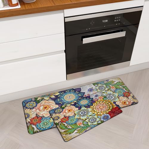 Boho Floral Kitchen Rugs Mats for Floor 2 Piece Cushioned Anti Fatigue Memory Foam Mat Non Slip Standing Desk Padded Comfort Standing Mat, 17.3x28+17.3x47 Inch - 1/2 Inch Thick - color: Colorful Boho Floral, size: 17.3"x28"+17.3"x47"-0.47Th[2PCS]