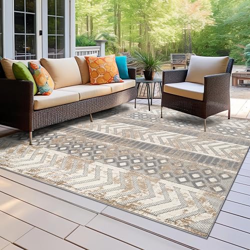Rugshop Distressed Geometric Indoor/Outdoor Beige Square Area Rug Modern Tribal Stripe, Durable Stain Resistant Perfect for Patio, Backyard, Deck and Outdoor Lounge 6'6" x 6'6" Square - size: 6'7" x 6'7" (Rectangular)