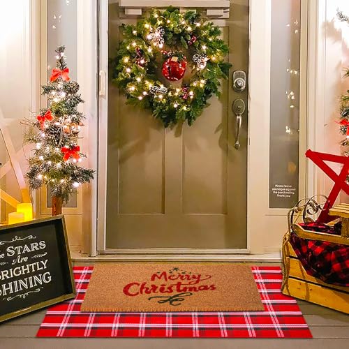 Christmas Red Green White Plaid Rug, 28" x 43" Cotton Hand-Woven Buffalo Check Layered Door Mat for Front Porch, Entryway, Outdoor Holiday Decor, Washable Farmhouse Rug for Home, Patio, Kitchen - color: Red & Green White Plaid, size: 2'4" x 3'7" (Rectangu