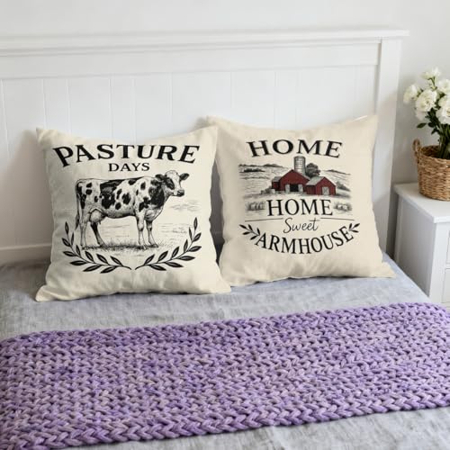 Farm Vintage Throw Pillow Covers 18x18 Set of 4, Country Barn Rustic Rooster Cow Decorative Cushion Cases for Couch Sofa and Bedroom Pillcases Home Decor for Living Room - color: Farm Vintage