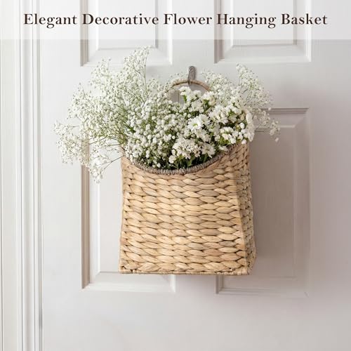 Woven Hanging Basket,Wicker Hanging Wall Baskets Decor,Natural Water Hyacinth Front Door Basket, Handmade Storage Basket for Garden Farmhouse Home Decorations