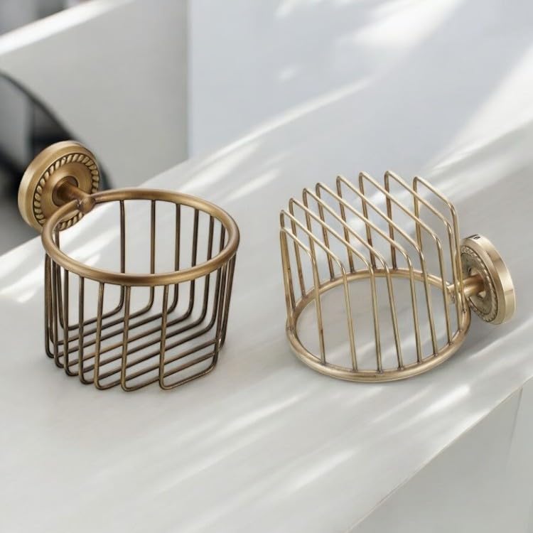 Vintage Bronze Wall Mounted Toilet Paper Holder – Antique Brass Bathroom Accessories Tissue Dispenser with Stable Metal Stand, Wire Basket Storage Rack - for Roll with Diameter <5inch Only