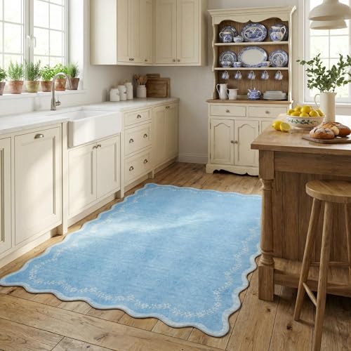 GarveeHome 3x5 Scalloped Washable Area Rug for Bedroom,Soft Solid Blue Entryway Rug Non Slip Low Pile Carpet Stain Resistant Throw Rug for Bedside Kids Room Office Dining Room - color: Baby Blue, size: 3' x 5' (Rectangular)