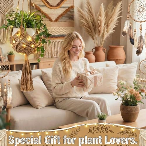 Sliner 3 Pack Jute Crochet Plant Hanging Baskets with Lights and Hooks Macrame Plant Hangers Boho Hanging Baskets for Indoor and Outdoor Home Decor, 3 Different Size