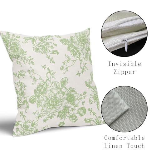 Kawani Apple Green and Cream Floral Pillow Covers 18x18 Inch Set of 2 Vintage Green Floral Throw Pillow Covers Chinoiserie Flower Pillowcases Cotton Linen Cushion Covers for Couch Decor - color: Apple Green, size: 18" x 18" (Pack of 2)