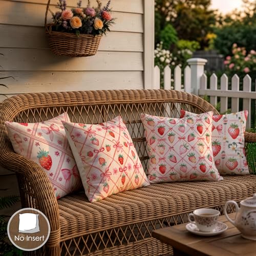 OBSEDE Pink Bow Strawberry Throw Pillow Covers 18 × 18 in, Set of 4, Couch Cushion Cases Inserts for Sofa Bed Living Room Home Decor, Single Side Print - color: Blush Ribbon Berry Illustration, size: 18" x 18" (Pack of 4)