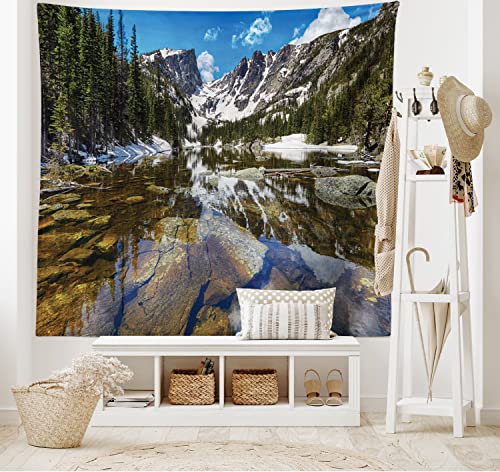 Ambesonne Landscape Tapestry, Dream Mirroring Lake at The Mountain Park in West America River Snow Print, Wide Wall Hanging for Bedroom Living Room Dorm, 80" X 60", Green Brown Blue - color: Green Brown Blue, size: 80"L x 60"W