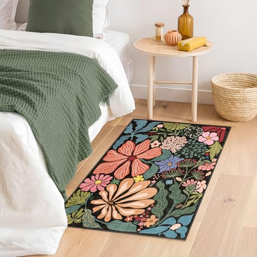 MUJOO Floral 2x3 Washable Rug Black Small Area Rugs for Entryway Kitchen Bathroom,Non Slip Throw Carpet for Bedroom Entrance Door Mat Boho Modern Abstract Botanical Flower - color: Black（colorful）, size: 2' x 3' (Rectangular)