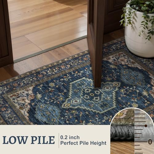 Tangsoo Dark Blue 2x3 Washable Rugs for Entryway, Vintage Non Slip Small Area Rug Carpet, Oriental Indoor Front Door Rug, Door Mat Indoor Entrance Soft Low Pile Throw Rugs for Entry Kitchen Bedroom - color: Dark Blue/Golden, size: 2' X 3' (Rectangular)