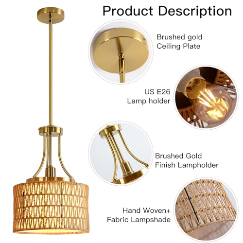 11.8" Modern Boho Rattan Gold Pendant Light Adjustable Rod Vintage Farmhouse Drum Fabric Pendant Light Fixture Woven Bamboo Wicker Pendant Lights for Kitchen Island, Dining Room, Bedroom - color: Gold-D 1-Light