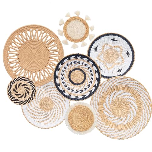 8 Pack Boho Wall Basket Decor, 12 Inch Wall Decoration Round Handmade Hanging, Rattan Woven Wall Basket Decor for Living Room, Rustic Flat Elegant, Farmhouse, Bedrooms, Table Settings, Kitchen Home - color: 8 PCS