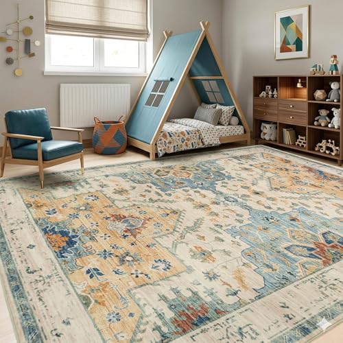 6x9 Area Rugs for Living Room, Machine Washable Area Rug, Low Pile Non Slip Vintage Boho Rug, Stain Resistant Carpet for Bedroom Dinning Room Nursery Farmhouse Office Home-Blue/Gold/Beige - color: Blue/Gold/Beige, size: 6' x 9' (Rectangular)