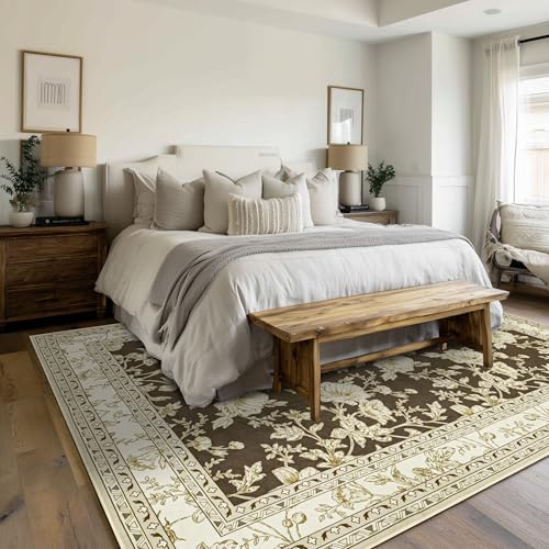 Brown Floral Rug 5x7 Machine Washable Area Rug for Living Room Vintage Boho Farmhouse Low Pile Distressed Carpet for Dining Room, Bedroom Indoor Non-Slip Brown Beige Taupe Flower Design Home Decor - color: Sketch Floral Brown, size: 5' x 7' (Rectangular)