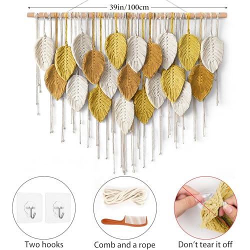 KHOYIME Large Macrame Wall Hanging Boho Woven Tapestry, Bohemian Farmhouse Handmade Yellow Leaf Feather Wall Art Chic Modern Home Decoration for Living Room Bedroom Nursery Dorm Backdrop 39"W X 29.5"L - color: Yellow Brown-39"W x 29.5"L