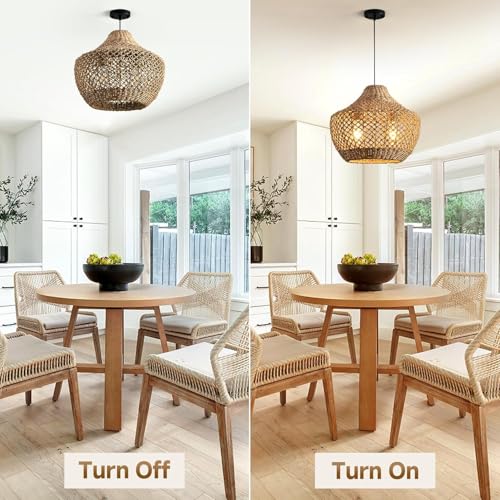 Hand-Woven Boho Rattan Chandelier Pendant Light Fixture - Brown Wicker Hanging Lamp for Kitchen Island, Dining Room, Bedroom, Foyer, Entryway, Porch or Restaurant Ceiling Lighting 15 Inch