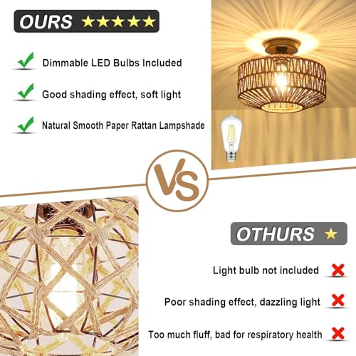 Boho Rattan Light Fixtures, Dimmable Ceiling Light with LED Bulb, Hand Woven Rattan Chandelier for Bedroom, Living Room, Entryway (Dark Brown) - color: Dark-Brown