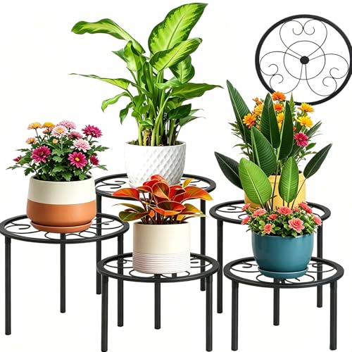 5 Pack Metal Plant Stands,Heavy Duty Potted Holder for Flower Pot, Rustproof Iron Plant Risers, Suitable for Indoor and Outdoor Decoration ,Garden Container Round Supports Rack for Planter - color: Black - 5 Pack