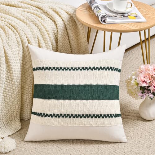 Fancy Homi Set of 2 Dark Green Boho Decorative Throw Pillow Covers 16x16 Inch for Couch Bed Sofa Bedroom Indoors, Modern Farmhouse Vintage Forest Green Living Room Decor - color: Dark Green, size: 16" x 16" (Pack of 2)