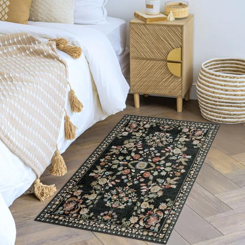 MUJOO Small Rug Washable,Black 2x3 Area Rugs for Entryway,Floral Front Door Mat Indoor Entrance Entry Way,Boho Kitchen Bathroom Floor Rug Throw Carpet Non Slip Low Pile Vintage - color: Black, size: 2' x 3' (Rectangular)