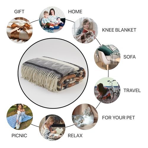 | Wool Blanket/Throw | 100% New Zealand Wool | Perfect for Home and Outdoors | Virgin Wool Throw with Fringes 67"x79" (170 x 200 cm) - color: Caramel Geometry, size: Queen